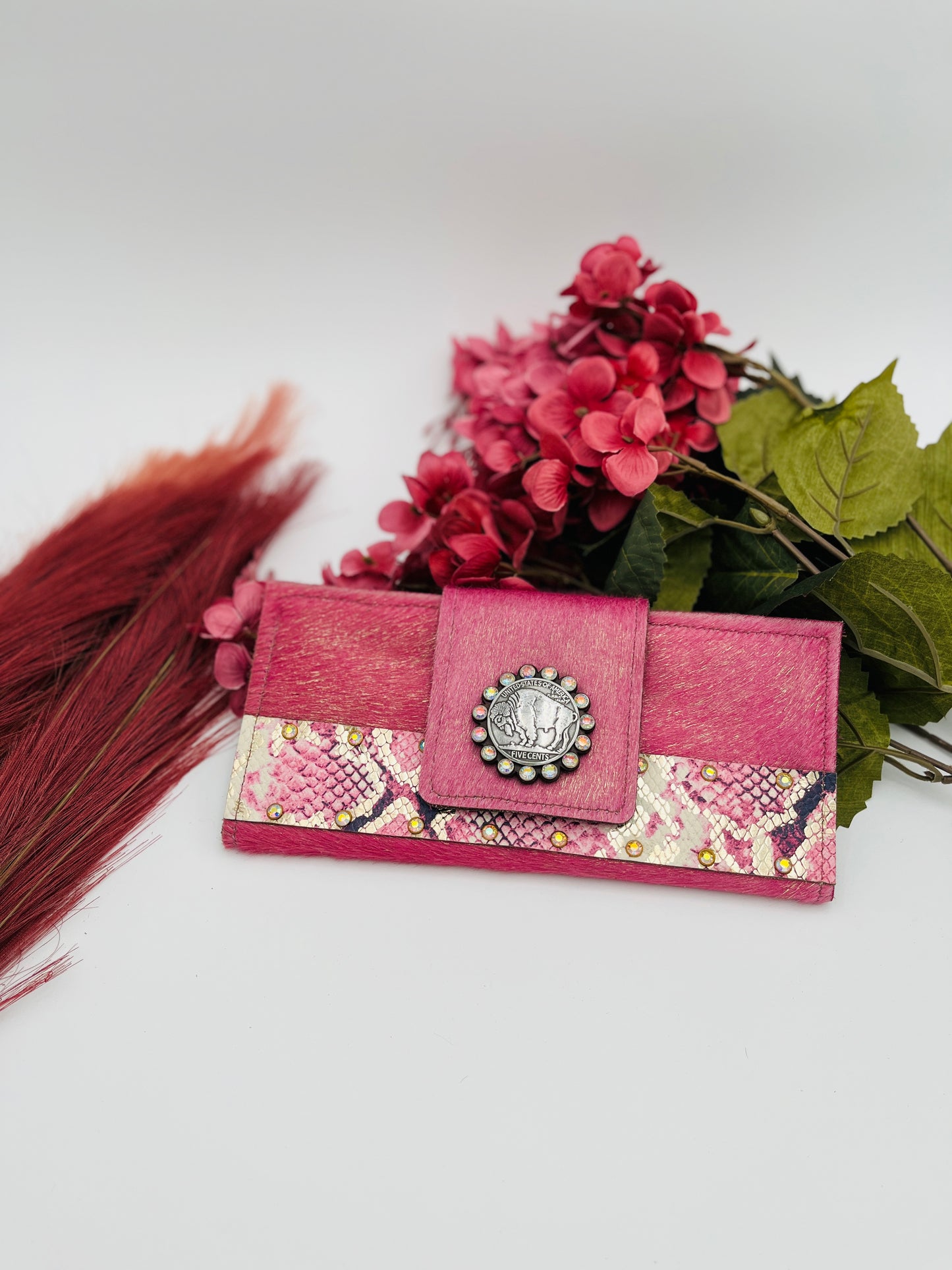 Silver Buffalo Coin Pink Hair on Hide Clutch/Wallet