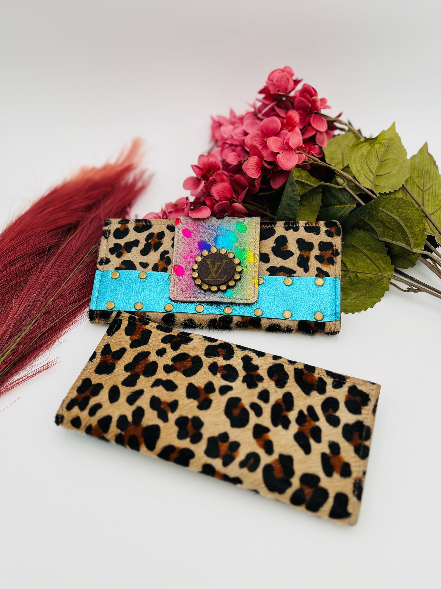 Colorful Leopard Print with Turquoise strip wallet/clutch