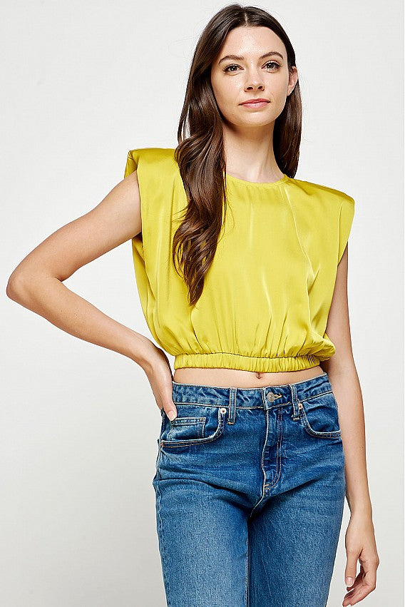Satin Cropped Shoulder Pad Top