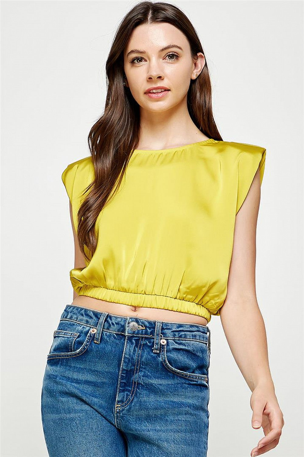 Satin Cropped Shoulder Pad Top
