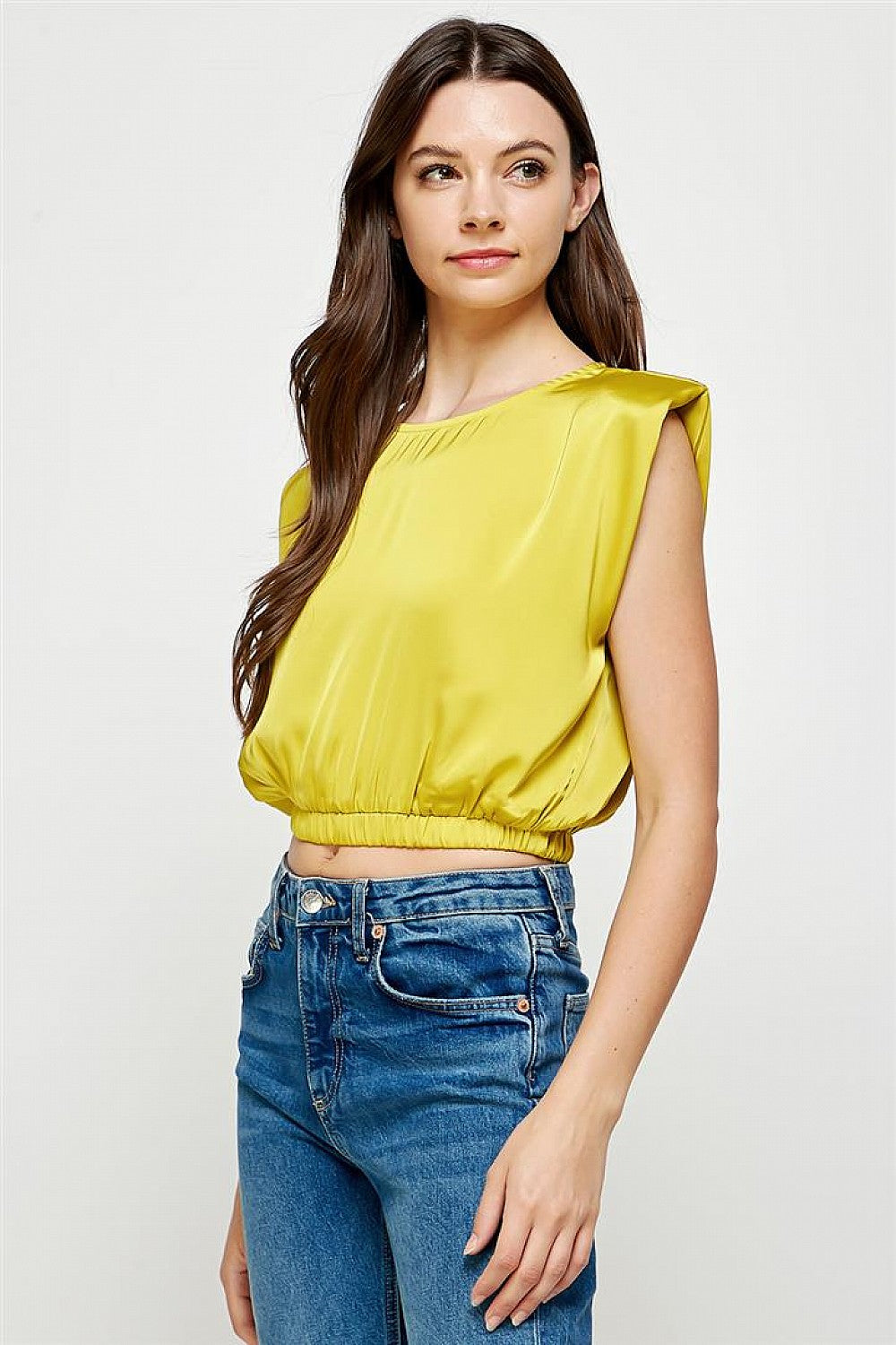 Satin Cropped Shoulder Pad Top