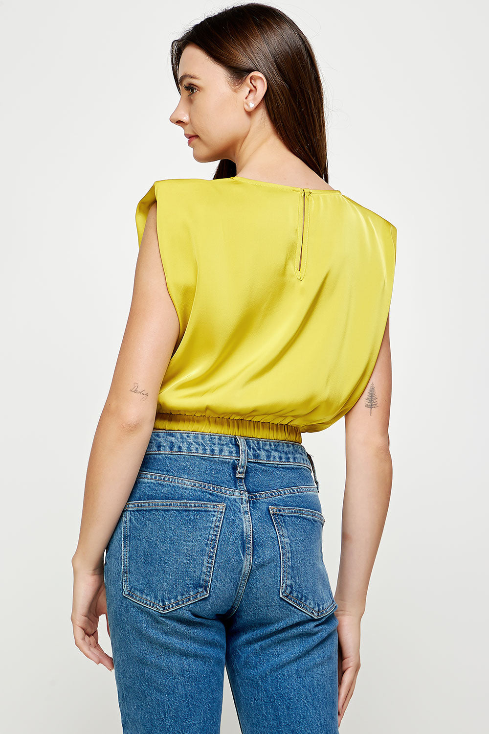 Satin Cropped Shoulder Pad Top