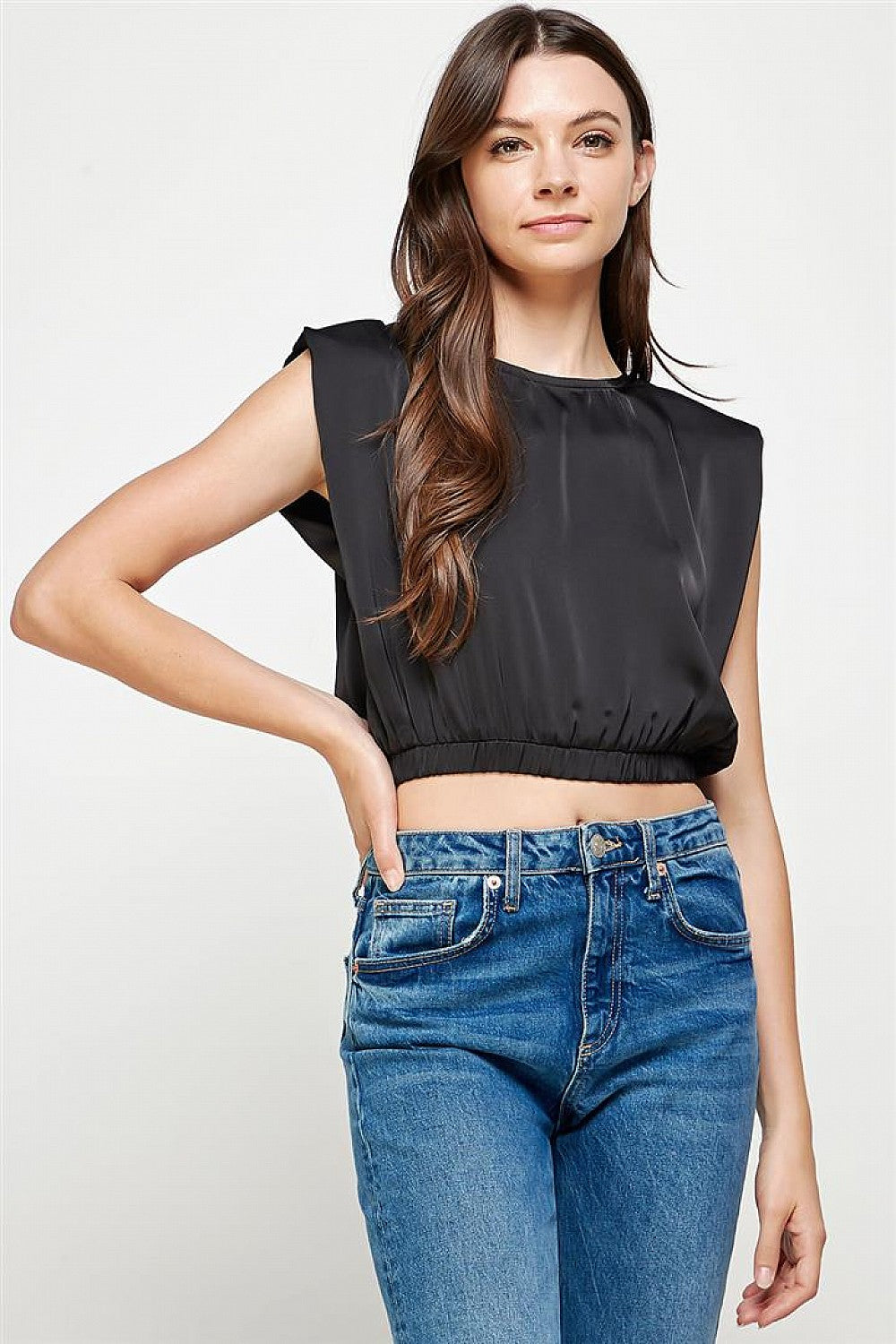 Satin Cropped Shoulder Pad Top