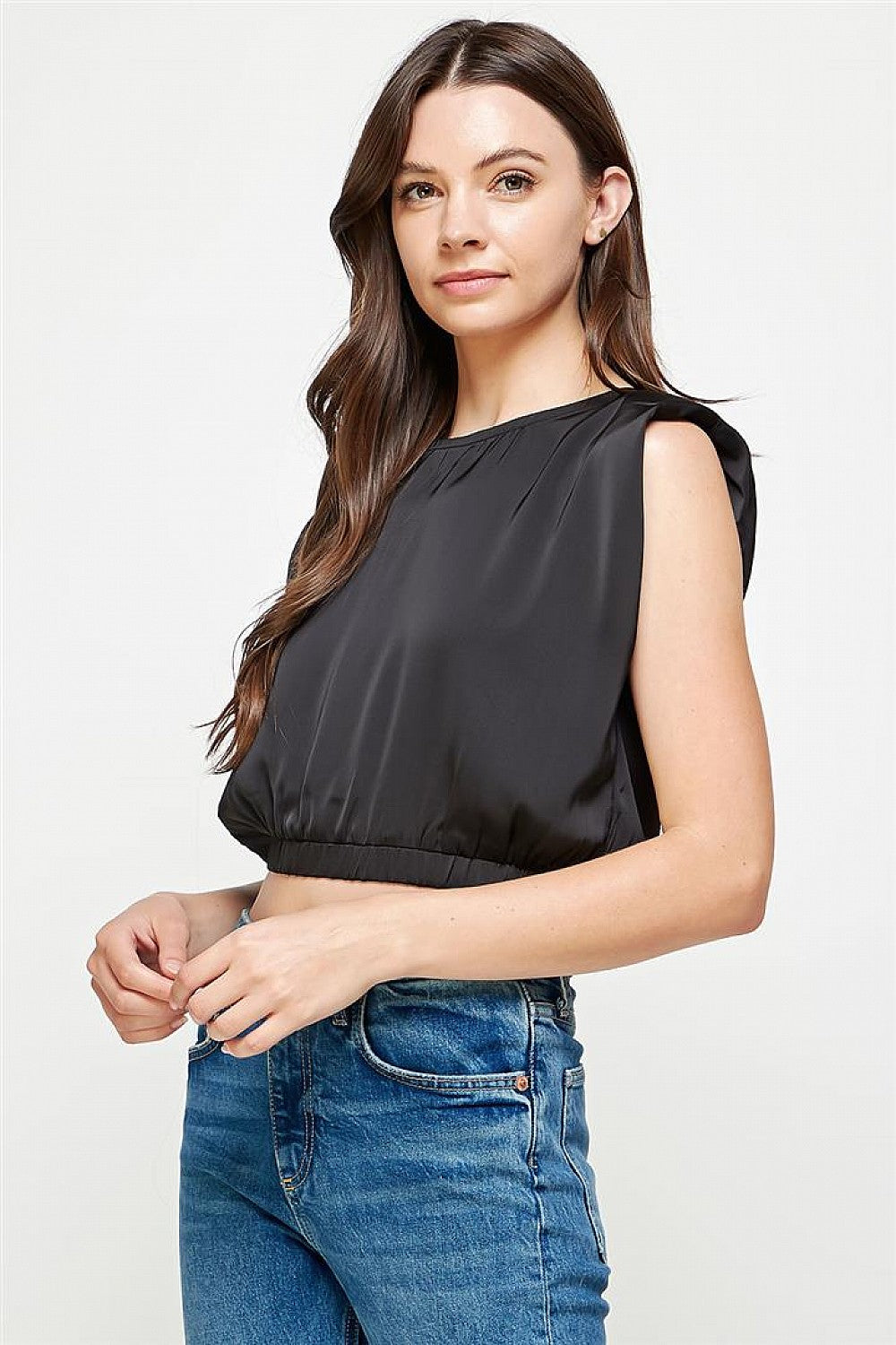 Satin Cropped Shoulder Pad Top