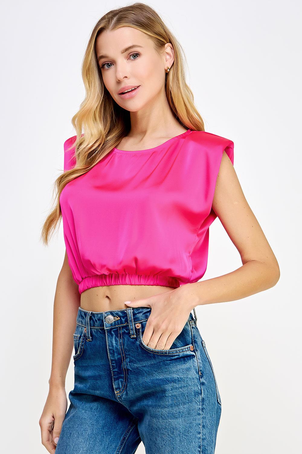 Satin Cropped Shoulder Pad Top