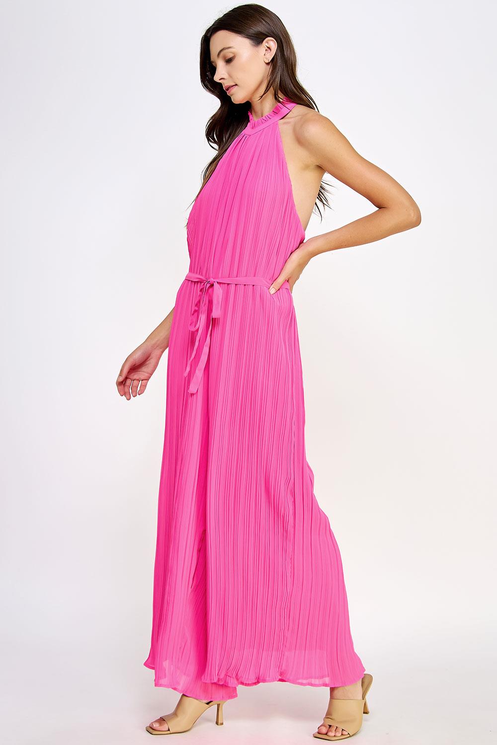 Pleated Open Back Halter Neck Jumpsuit