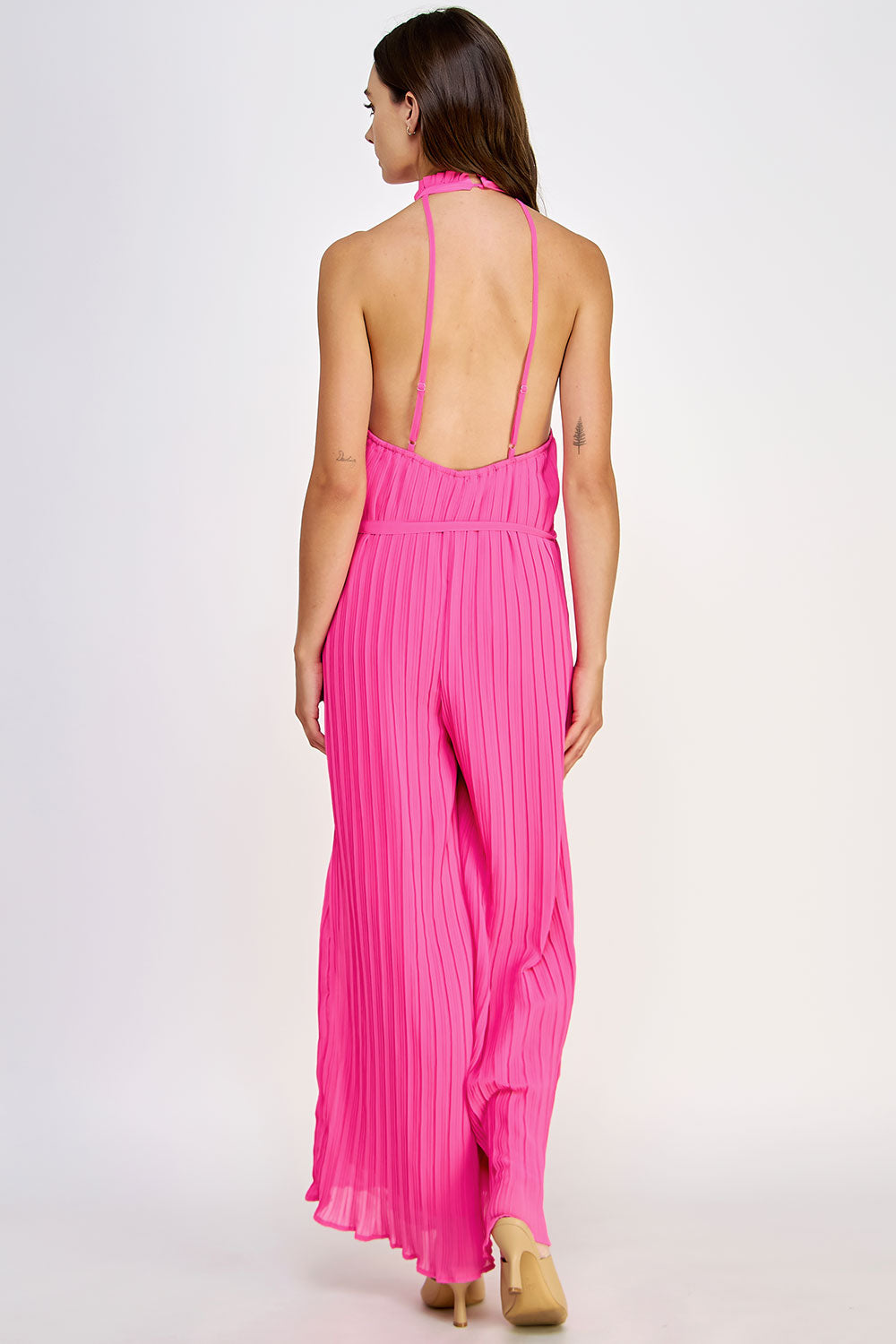 Pleated Open Back Halter Neck Jumpsuit