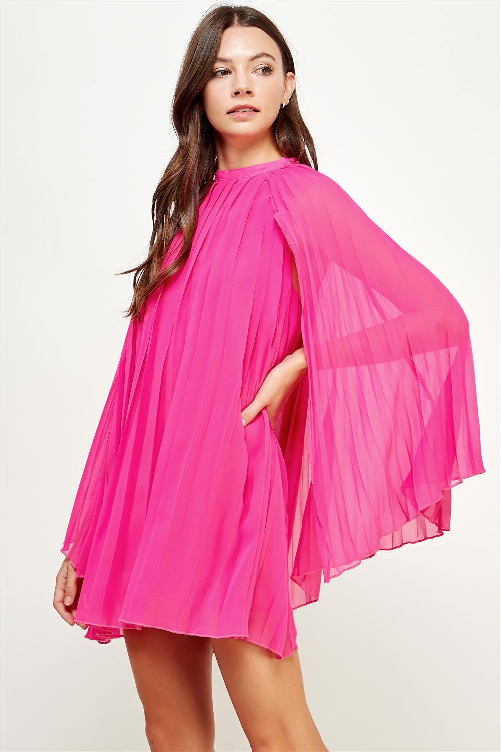 Pleated Chiffon Cape Shift Dress