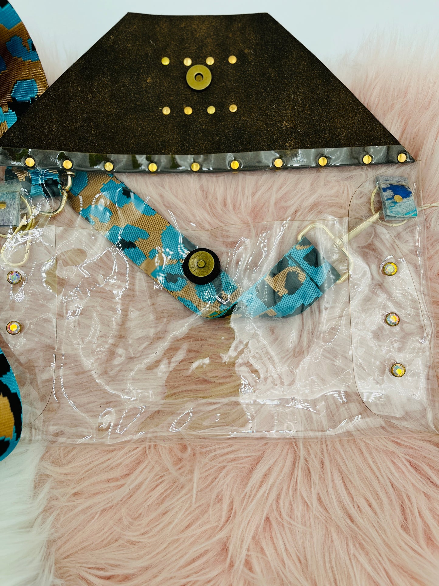 Jen Colorful Stadium Purse/handbag Light Blue Black and Gold Strap