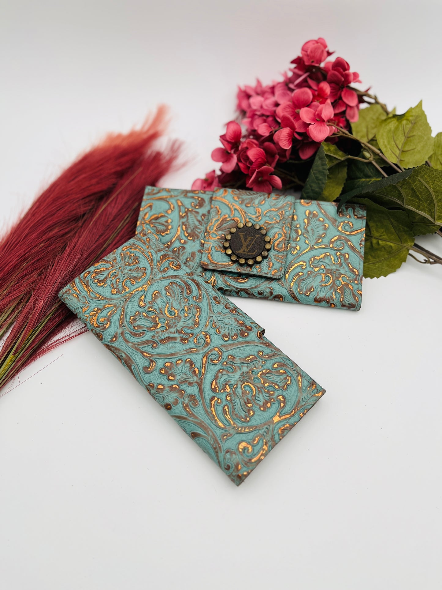 Large Turquoise Tooled Leather Wallet/Clutch