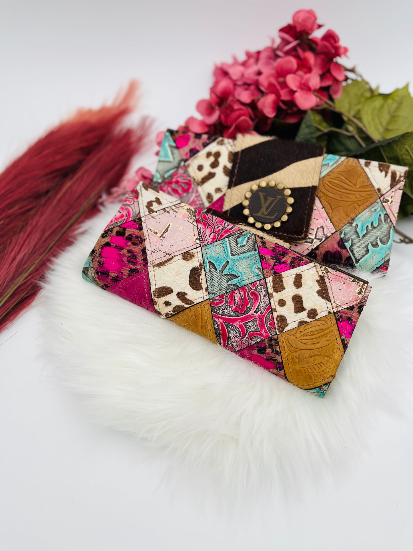 Colorful Patchwork Hair on Hide Flap Wallet/Clutch