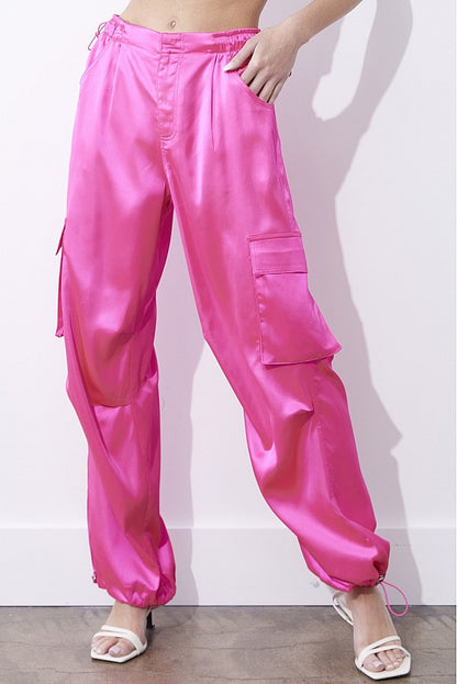 Straight Leg Drawstring Detail Satin Cargo Pant