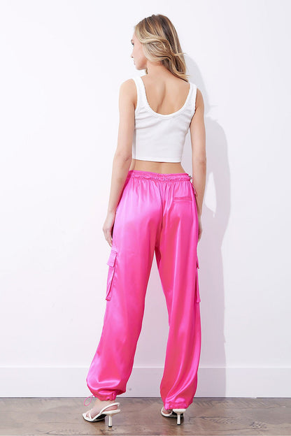 Straight Leg Drawstring Detail Satin Cargo Pant