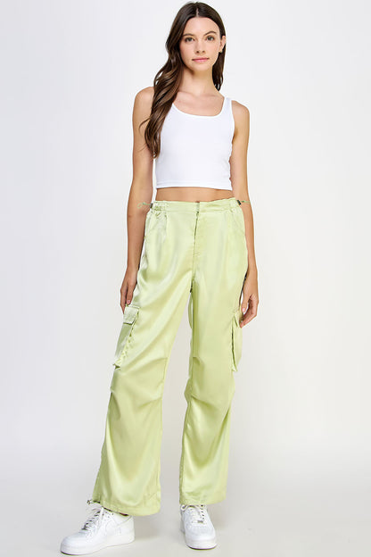 Straight Leg Drawstring Detail Satin Cargo Pant