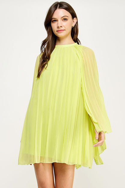 pleated cape high neck shift dress Black Dresses