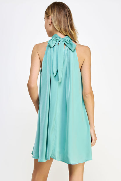 Mock Neck Halter Satin Dress