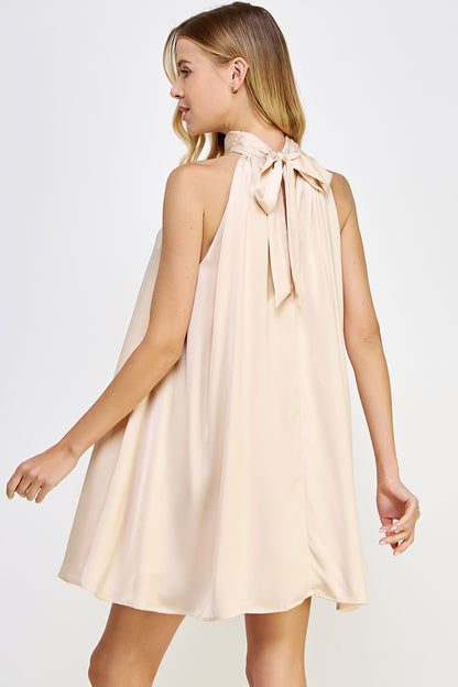 Mock Neck Halter Satin Dress