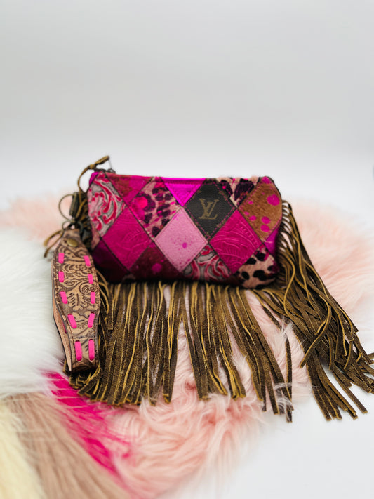 Jessica Vintage Patchwork Varying Pinks with Fringe and Wristlet/handbag